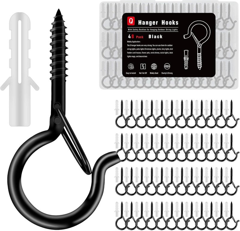 KULOLO 48 Pack Black Screw Hooks with Safety Buckle - 2.3 Inch Rustproof Eye Ceiling Hooks for Hanging Plants,Outdoor String Lights,Baskets,Christmas Lights & Decor,40lb Capacity (48, Black) - Image 1